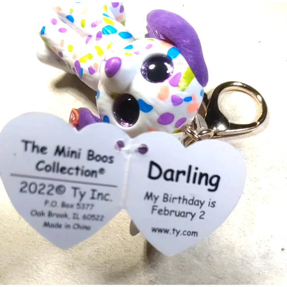 Mini Boos TY Puppy Dog Keychain Hard Plastic Gold Tone White Purple